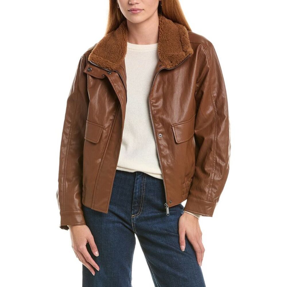 Sam Edelman Womens  Glazed Stand Collar Bomber Jacket, Brown